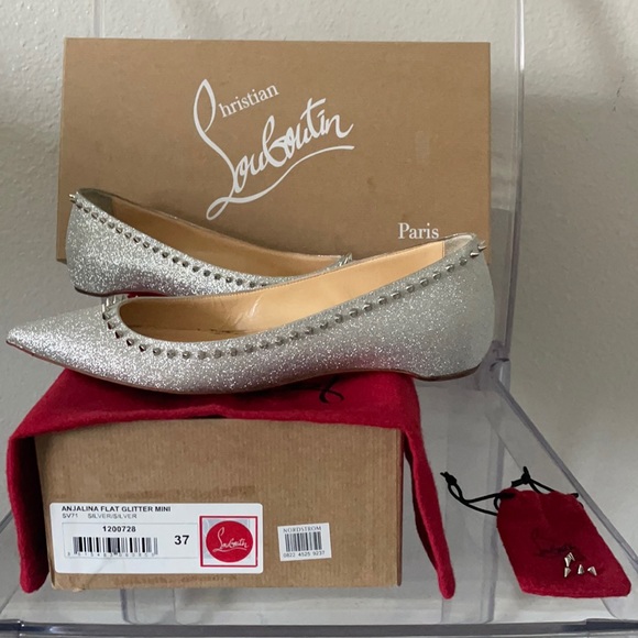 Christian Louboutin new 37,ANJALINA FLAT GLITTER MINI SV71 SILVER,serial#1200727 - Picture 4 of 14